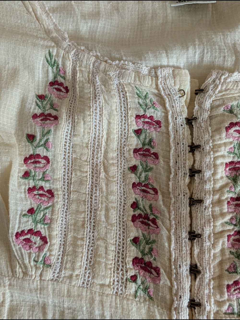 Anthropologie Cream Embroidered Cotton Peasant Top with Pink & Green Detail - Picture 3 of 6